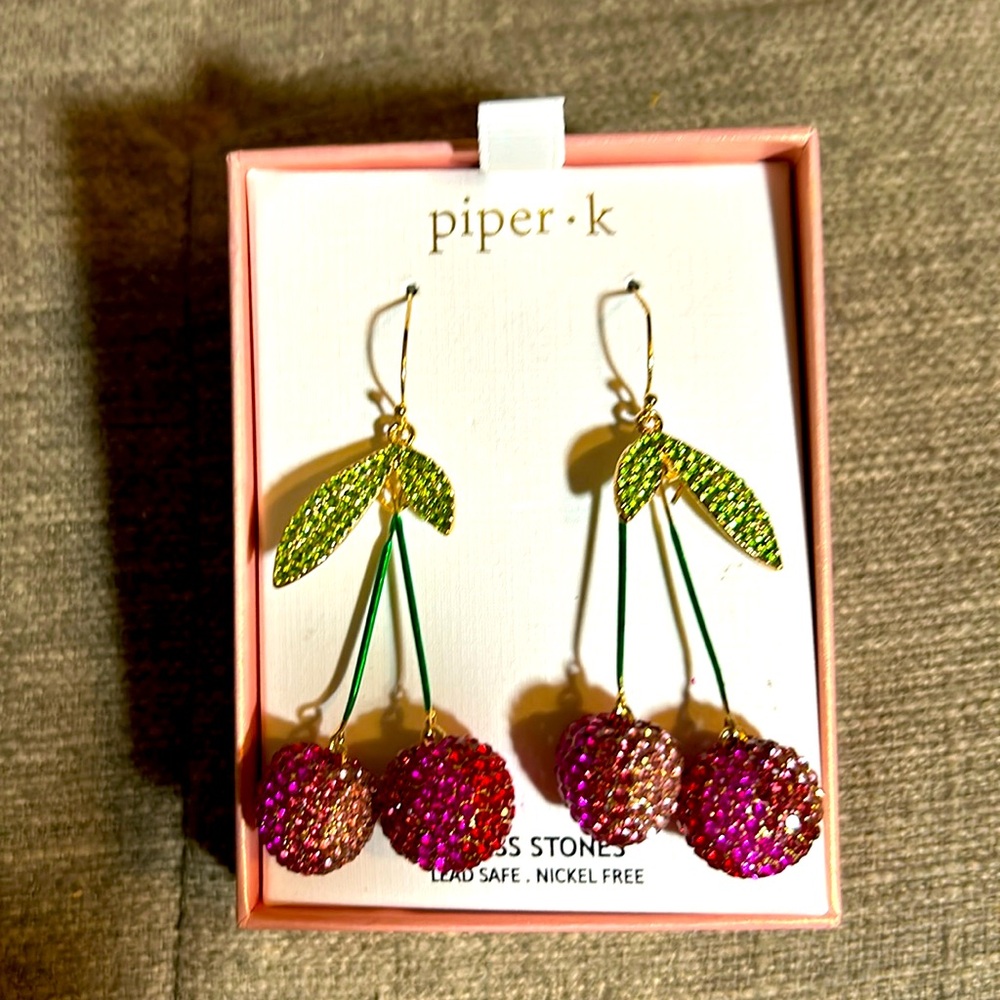 Piper K large cherry dangle earrings crystals, glass stones, nickel free